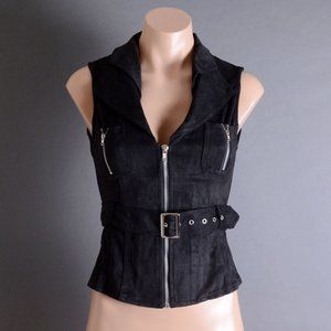 Black Steampunk Collar Womens Faux Suede Zipper Adjustable Belt Vest Top S M L